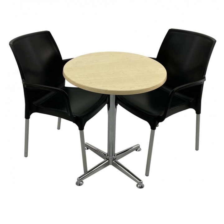 Set 2 scaune SUNSET negru cu masa rotunda 60cm Raki Maple blat werzalit si picior cromat