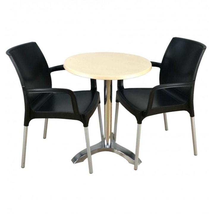 Set 2 scaune SUNSET negru cu masa rotunda 60cm Raki Maple blat werzalit si picior aluminiu