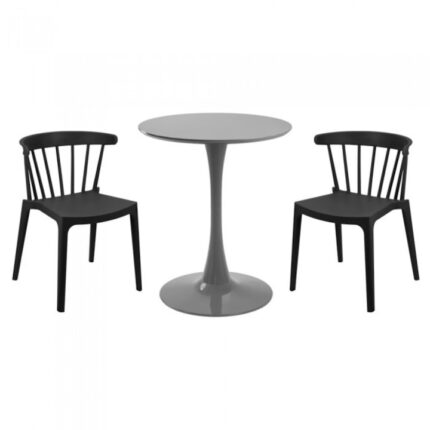 masa rotunda gri D60xh76cm Nikko si 2 scaune polipropilena Aspen negre 53х53хh75cm