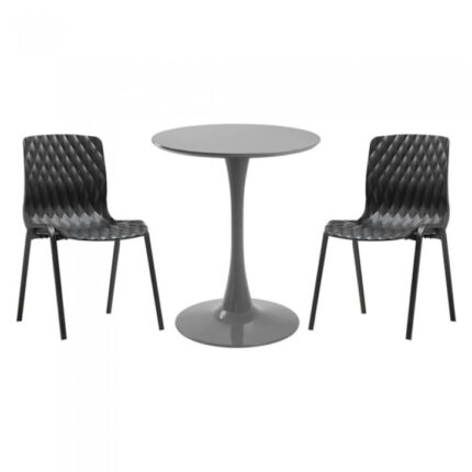 masa rotunda gri D60xh76cm Nikko si 2 scaune polipropilena cu picioare metalice Royal negre