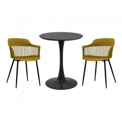 masa rotunda neagra D60xh76cm Nikko si 2 scaune polipropilena/picioare metalice Florida 53x59xh81cm galben/negru
