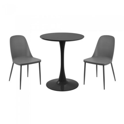 masa rotunda neagra D60xh76cm Nikko si 2 scaune polipropilena/picioare metalice Orlando gri 54x46xh80cm