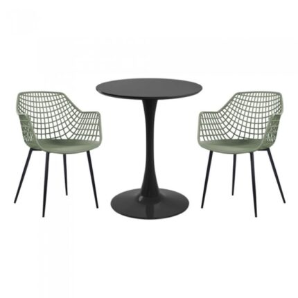 masa rotunda neagra D60xh76cm Nikko si 2 scaune polipropilena/picioare metalice Toyama verde/negru