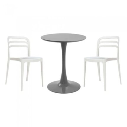 masa rotunda gri D60xh76cm Nikko si 2 scaune polipropilena Aspen albe