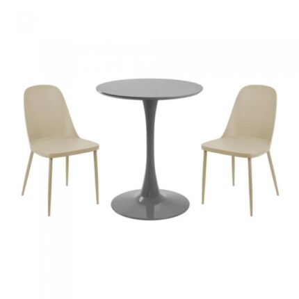 masa rotunda gri D60xh76cm Nikko si 2 scaune polipropilena/picioare metalice Orlando bej 54x46xh80cm