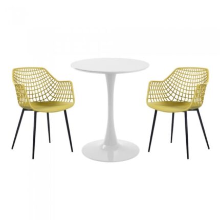 masa rotunda neagra D60xh76cm Nikko si 2 scaune polipropilena/picioare metalice Toyama galben/negru