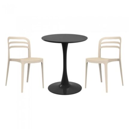 masa rotunda neagra D60xh76cm Nikko si 2 scaune polipropilena Aspen bej