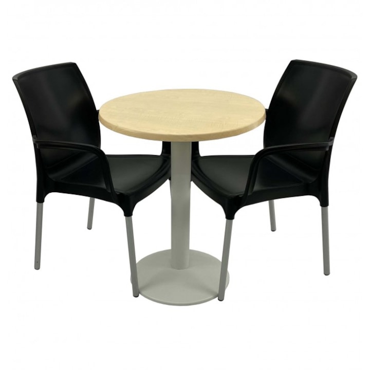 Set 2 scaune SUNSET negru cu masa rotunda 60cm Raki Maple blat werzalit si baza metalica culoare alba