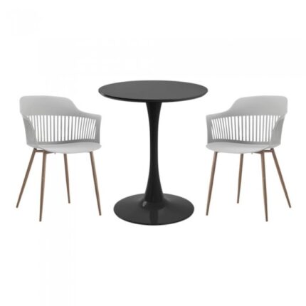 masa rotunda neagra D60xh76cm Nikko si 2 scaune polipropilena/picioare metalice Florida 53x59xh81cm albe