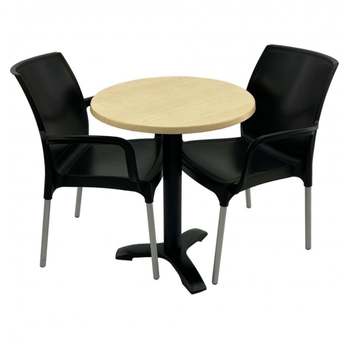 Set 2 scaune SUNSET negru cu masa rotunda 60cm Raki Maple blat werzalit si picior metalic culoare negru