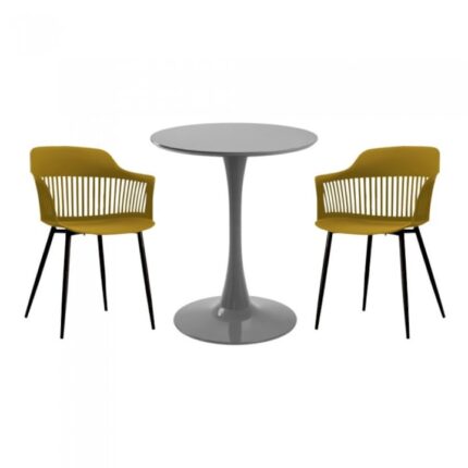 masa rotunda gri D60xh76cm Nikko si 2 scaune polipropilena/picioare metalice Florida 53x59xh81cm galben/negru