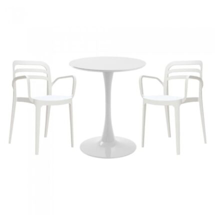 masa rotunda alba D60xh76cm Nikko si 2 scaune polipropilena Aspendos albe