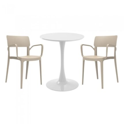 masa rotunda alba D60xh76cm Nikko si 2 scaune polipropilena Panora bej