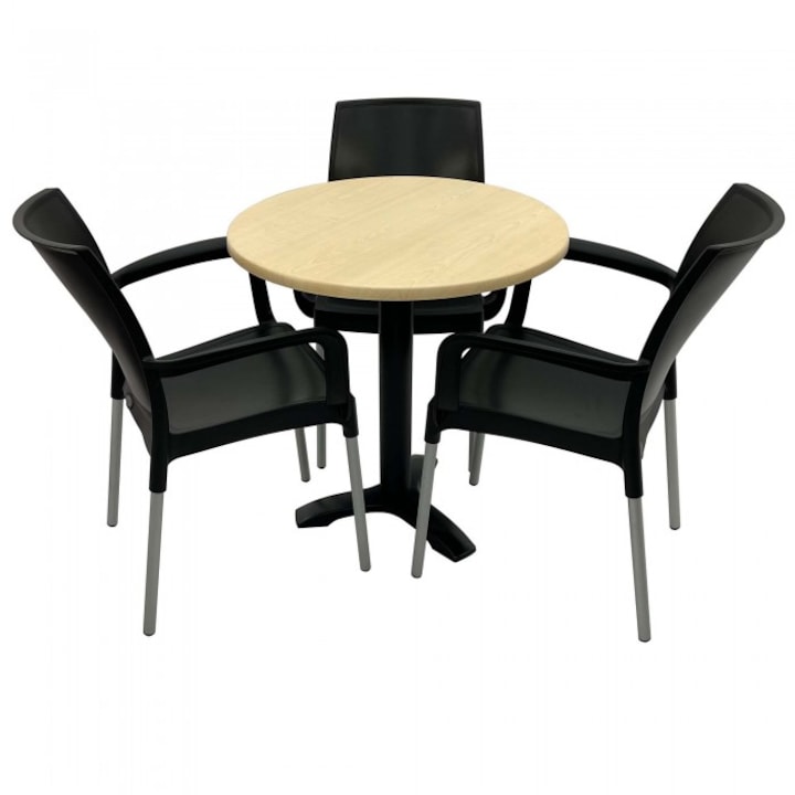 Set 3 scaune SUNSET negru cu masa rotunda 70cm Raki Maple blat werzalit si picior metalic culoare negru