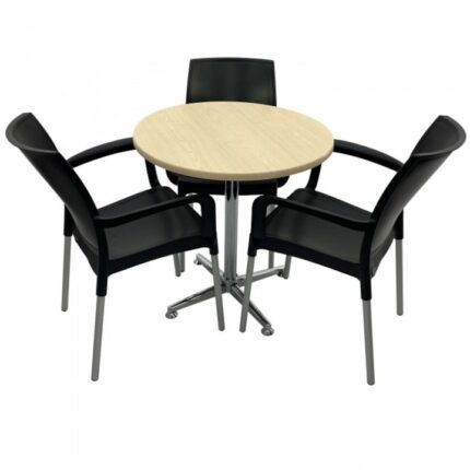 Set 3 scaune SUNSET negru cu masa rotunda 70cm Raki Maple blat werzalit si picior cromat