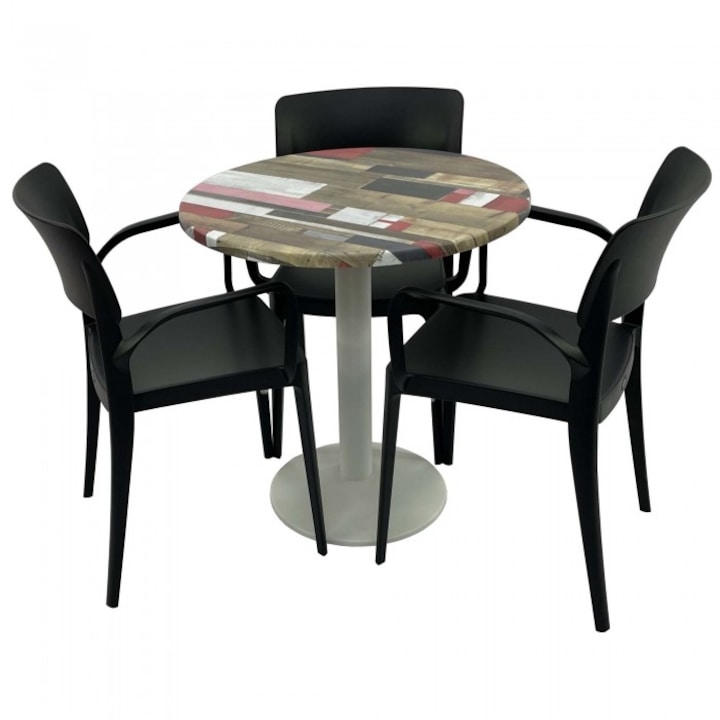 Set 3 scaune SUNSET negru cu masa rotunda 70cm Raki Redden Wood blat werzalit si baza metalica culoare alba