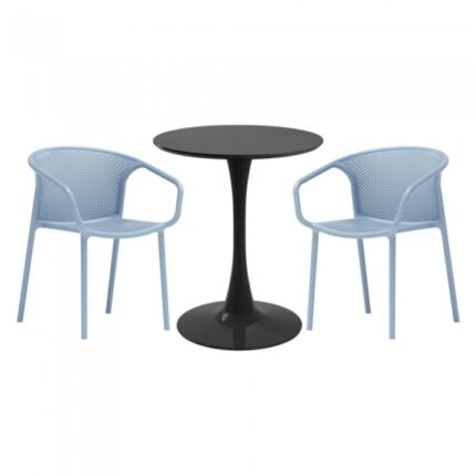 masa rotunda neagra D60xh76cm Nikko si 2 scaune polipropilena cu spatar rotunjit Chicago albastre