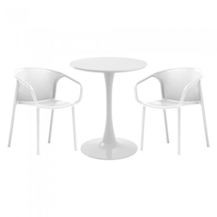 masa rotunda alba D60xh76cm Nikko si 2 scaune polipropilena cu spatar rotunjit Chicago albe