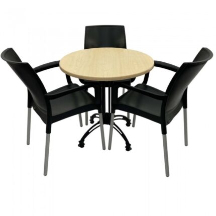 Set 3 scaune SUNSET negru cu masa rotunda 70cm Raki Maple blat werzalit si baza retro