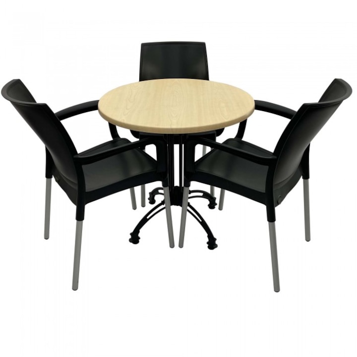 Set 3 scaune SUNSET negru cu masa rotunda 70cm Raki Maple blat werzalit si baza retro