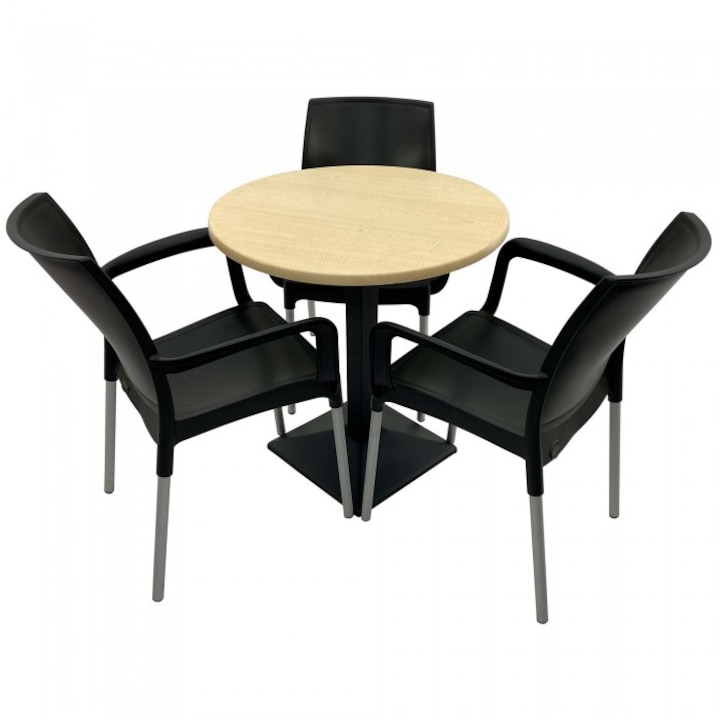 Set 3 scaune SUNSET negru cu masa rotunda 70cm Raki Maple blat werzalit si baza metalica culoare negru