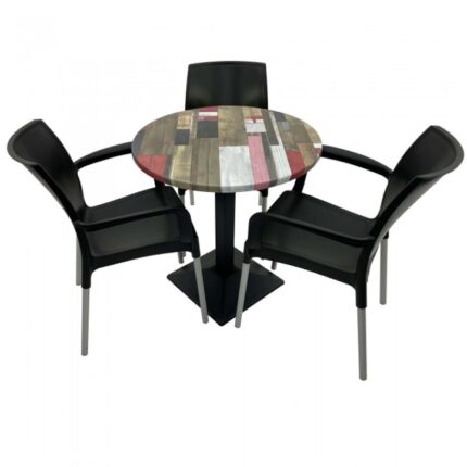 Set 3 scaune SUNSET negru cu masa rotunda 70cm Raki Redden Wood blat werzalit si baza metalica culoare negru