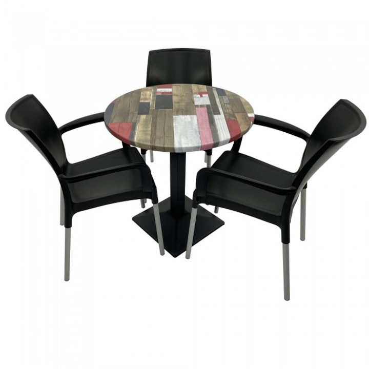 Set 3 scaune SUNSET negru cu masa rotunda 70cm Raki Redden Wood blat werzalit si baza metalica culoare negru