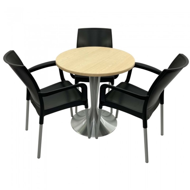Set 3 scaune SUNSET negru cu masa rotunda 70cm Raki Maple blat werzalit si baza aluminiu