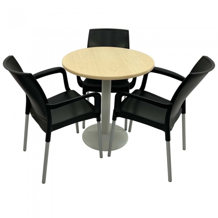 Set 3 scaune SUNSET negru cu masa rotunda 70cm Raki Maple blat werzalit si baza metalica culoare alba