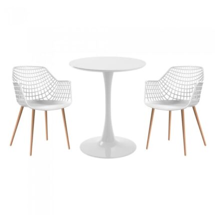 masa rotunda alba D60xh76cm Nikko si 2 scaune polipropilena/picioare metalice Toyama albe