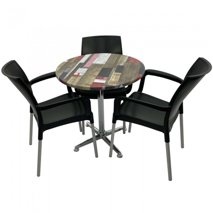 Set 3 scaune SUNSET negru cu masa rotunda 70cm Raki Redden Wood blat werzalit si baza crom clasica