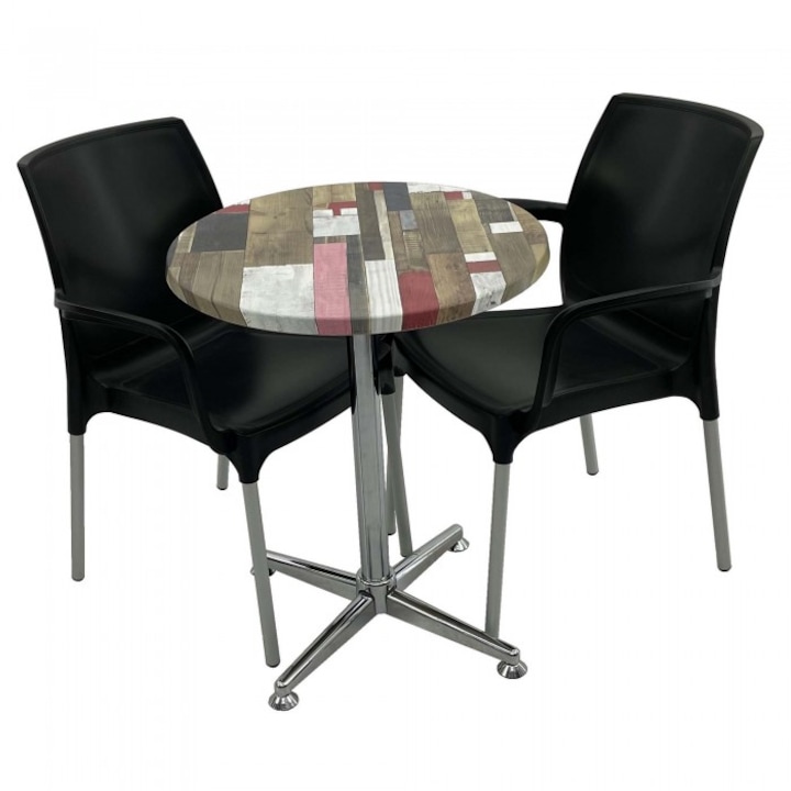 Set 2 scaune SUNSET negru cu masa rotunda 60cm Raki Redden Wood blat werzalit si baza crom clasica