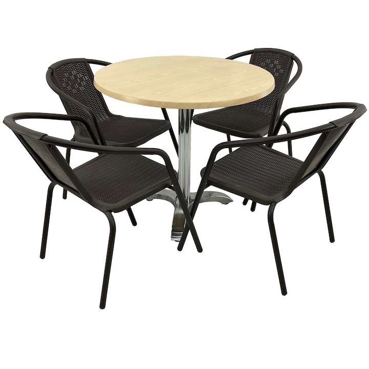 Set 4 scaune CAMPMAN maro cu masa rotunda D80cm AGMA HORECA MAPLE cu blat werzalit si picior aluminiu