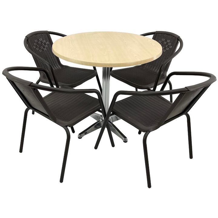 Set 4 scaune CAMPMAN maro cu masa rotunda D80cm AGMA HORECA MAPLE cu blat werzalit si baza aluminiu