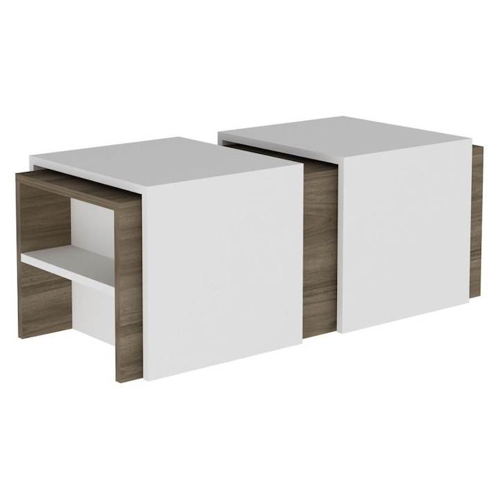 Set masa cafea cu masute detasabile Mora Homs alb-nuc 120x45x42 cm Set masa cafea cu masute detasabile Mora Homs alb-nuc 120x45x42 cm