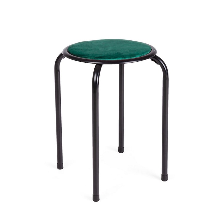 Taburet cu picioare din fier negru si sezut din velur verde Amal 30x30x45 cm