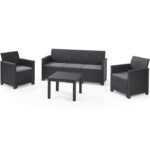 Set mobilier de gradina Keter Elodie cu canapea 3 locuri, 2 fotolii si masa clasica, aspect ratan, plastic, canapea: 65 x 163 x74 cm, fotoliu: 65 x 63 x 74 cm, masa 59 x 59 x 43 cm, gri antracit, perne incluse