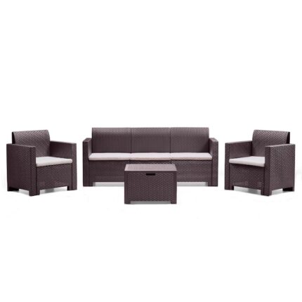 Set mobilier gradina/terasa Nebraska, canapea 3 locuri + 2 fotolii + masuta depozitare, perne incluse, maro