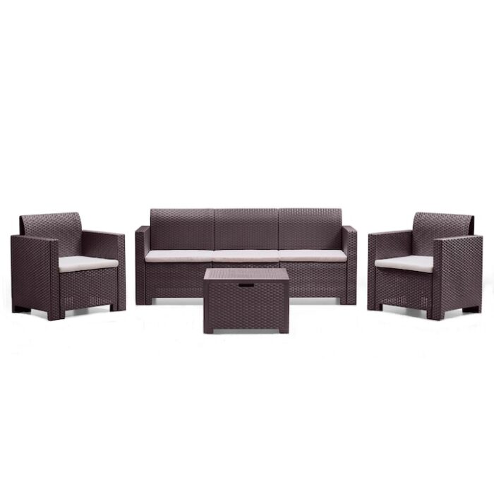 Set mobilier gradina/terasa Nebraska, canapea 3 locuri + 2 fotolii + masuta depozitare, perne incluse, maro