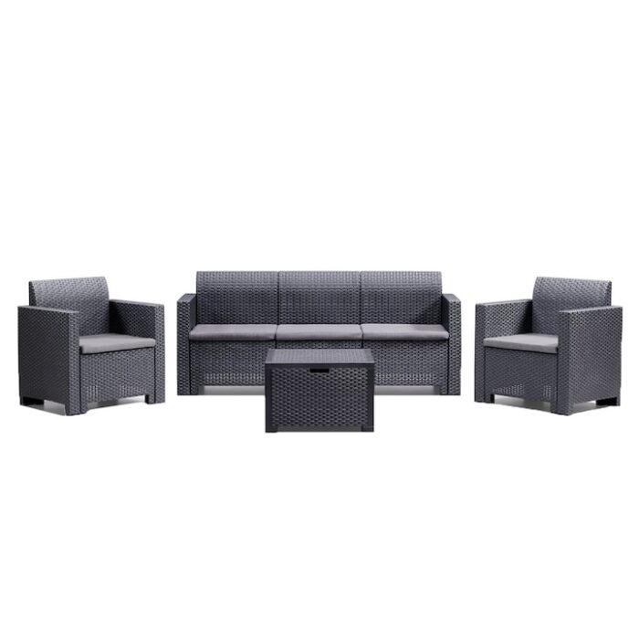 Set mobilier gradina/terasa Nebraska, canapea 3 locuri + 2 fotolii + masuta depozitare, perne incluse, grafit