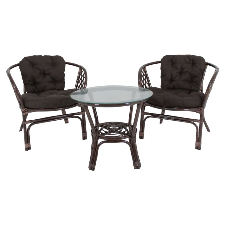 Set mobilier de gradina Bali cu perne maro, 3 piese, Cadru robust si usor, Maro, Ratan