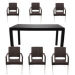 Set masa cu 6 scaune cu picioare metalice, pentru terasa sau gradina, IdealStore, premium, 140x80x75 cm, masa dreptunghiulara cu orificiu umbrela, scaune cu model ratan, rezistent UV, apa, umezeala, inghet, temperaturi mari, usor de depozitat