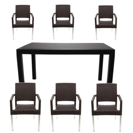 Set masa cu 6 scaune cu picioare metalice, pentru terasa sau gradina, IdealStore, premium, 140x80x75 cm, masa dreptunghiulara cu orificiu umbrela, scaune cu model ratan, rezistent UV, apa, umezeala, inghet, temperaturi mari, usor de depozitat