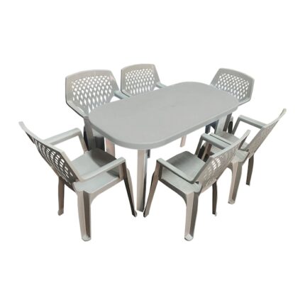 Set Masa cu 6 Scaune de Gradina, Terasa idealSTORE, Polipropilena, Dimensiuni Masa 140 x 70 x 70cm, Plastic de Inalta Calitate, Rezistent la Actiunea Factorilor Atmosferici Nocivi si a Razelor UV, Sarcina 120 Kg, Culoare Nisipiu