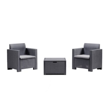Set mobilier gradina/terasa Nebraska, 2 fotolii + masuta depozitare, perne incluse, graphite