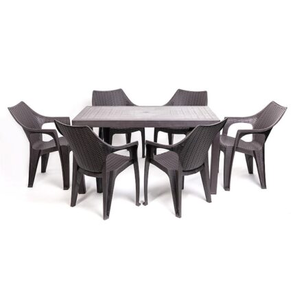 Set de mobilier de gradina cu 6 locuri Santorini II, cu masa maro-antracit si 6 scaune Tavira din ratan