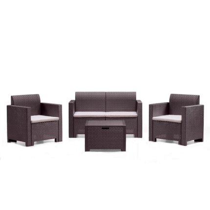 Set mobilier 4 piese gradina/terasa Nebraska Bica, canapea 2 locuri 131x57.5xH79 cm + 2 fotolii 75x57.5xH79 cm + masuta cu spatiu de depozitare 60x54xH41 cm, plastic, perne incluse, aspect rattan, maro