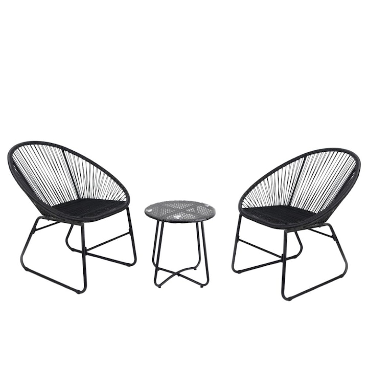 Set 2 scaune si masuta pentru terasa, balcon, gradina, tip bistro, otel/ poliratan, 65x54x77 cm, gri, Hectarul