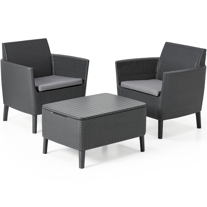 Set mobilier de balcon/gradina, 3 piese, masuta cafea cu spatiu depozitare, Keter Salemo, plastic, aspect ratan, fotoliu ( x 2): 74 x 67 x 76cm; masuta/cutie depozitare: 76 x 56 x 42cm, gri antracit, perne incluse
