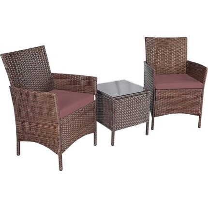 Set mobilier de gradina din polyratan Timeless Tools, o masuta 43x40x40 cm si 2 fotolii 85,5x50x60 cm cu perne, Maro